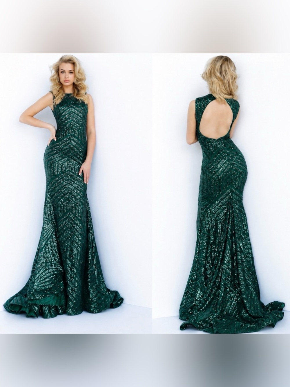 Jovani Open-Back Dark Emerald Green Sequin Mermaid Prom Dress Sz 22 Homecoming